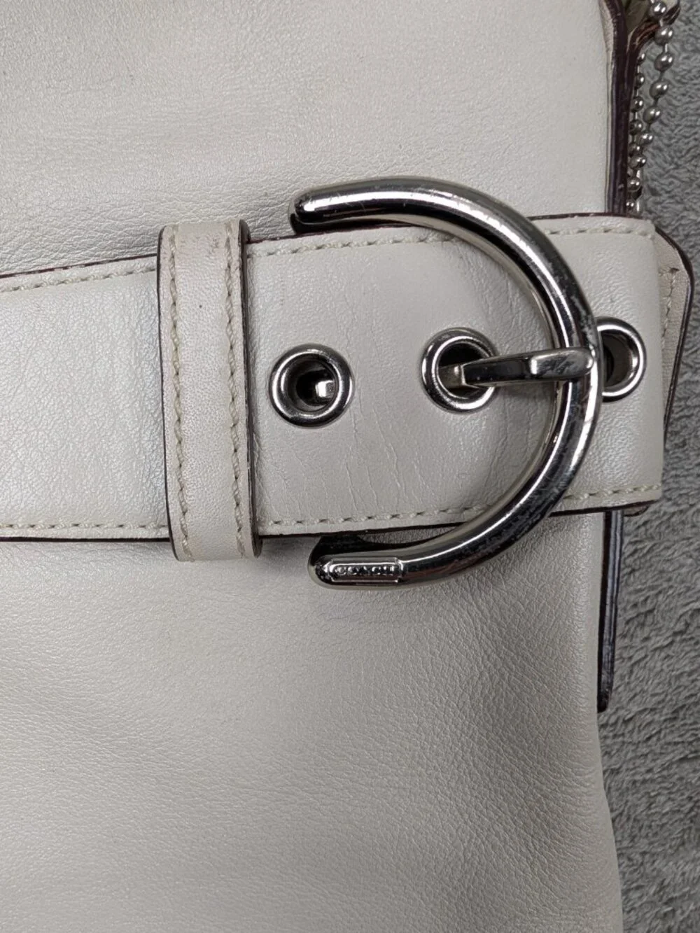 Coach Soho Slim (#1452) In White Leather, Silver Buckles Long Straps.